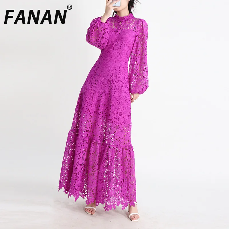

FANAN French Style Lace Hollow Out Long Dress For Women Round Neck Gathered Waist Long Dresses Elegant Clothing 2025 Spring New