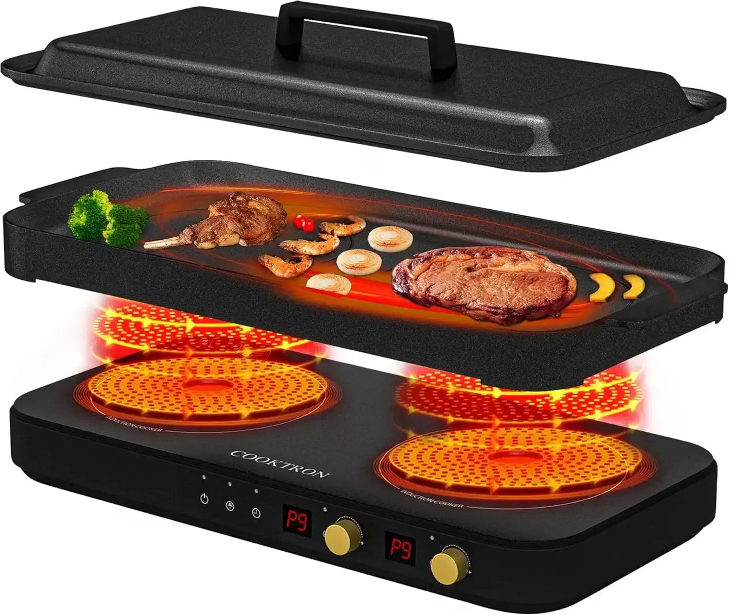 

Portable Induction Cooktop 2 Burner with Removable Iron Cast Griddle Pan Non-stick, 1800W Double Induction Cooktop with