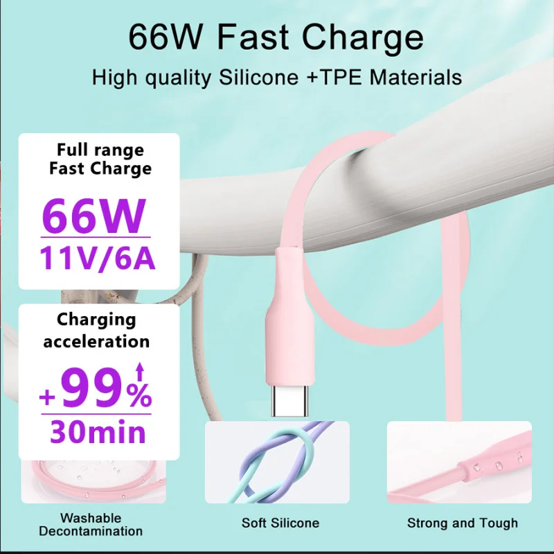 6A Usb Type-C Silicone Super Fast Charging Data Cable for Samsung S23 Ultra Huawei 66W Mobile Phone Charging Cable Accessories