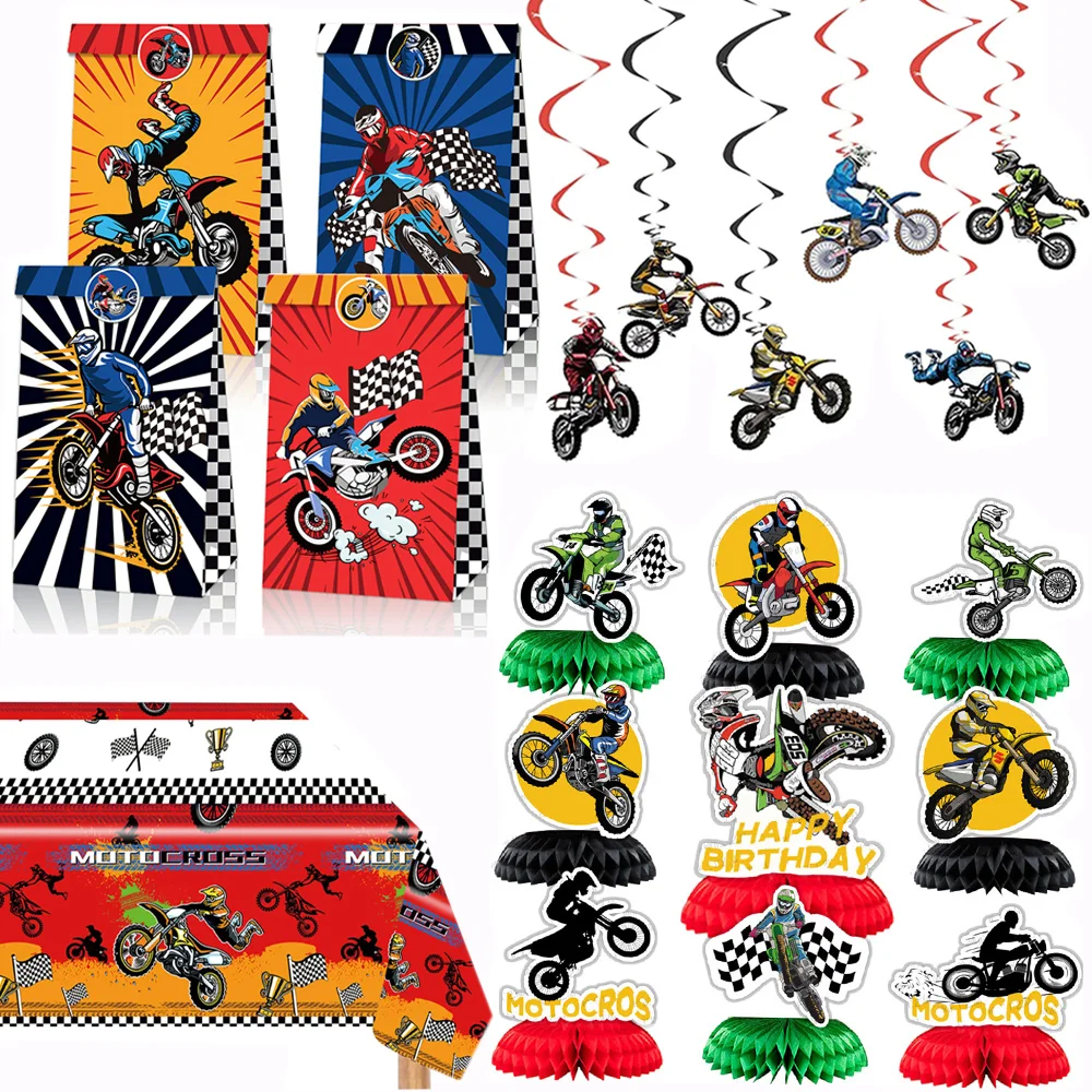 

Dirt Bike Party Favor Supplies Motorcycle Birthday Decorations Motocross Gift Bags Cupcake Topper Spiral Table Cloth Honeycomb