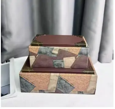 Leather Decorative Box Splicing Geometric Jewelry Box Rectangular Storage Box Dressing Table Desk Decoration Home Storage Boxes