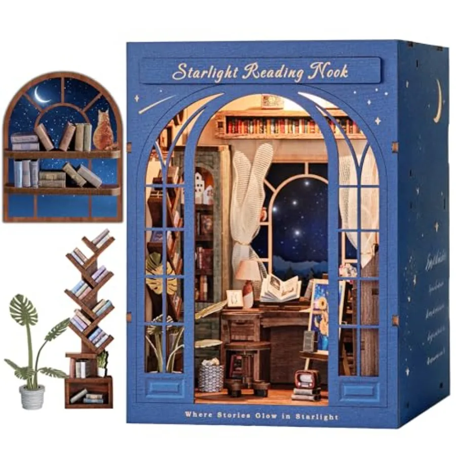 

DIY Book Nook Kit for Adults 3D Wooden Puzzle Starlight Reading Nook Miniature House Kit in Natural Wood with Soft White Glow H
