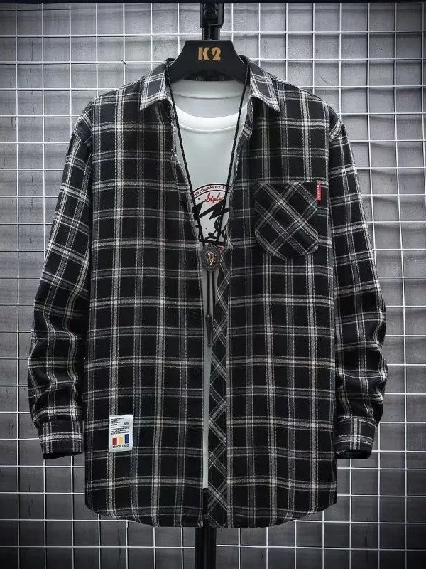 

Spring Autumn Men's Plaid Long Sve Casual Loose Cotton irt Pure Cotton Outerwear Stand Fit Print Easy Care Youth Faion