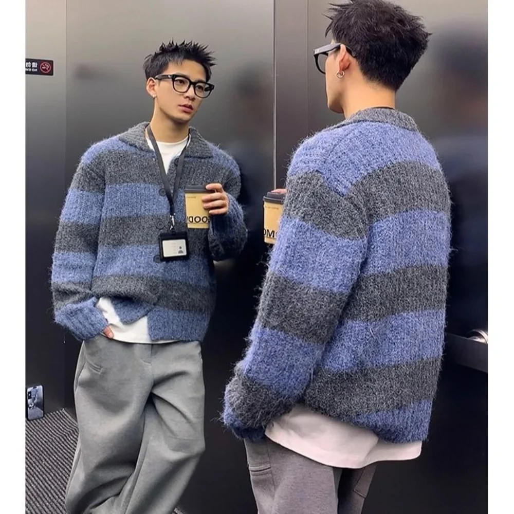 Men's Striped Color Block Knit Cardigan Korean Style Retro Fuzzy Sweater Loose Fit Vintage Preppy Fall Winter Outerwear Top