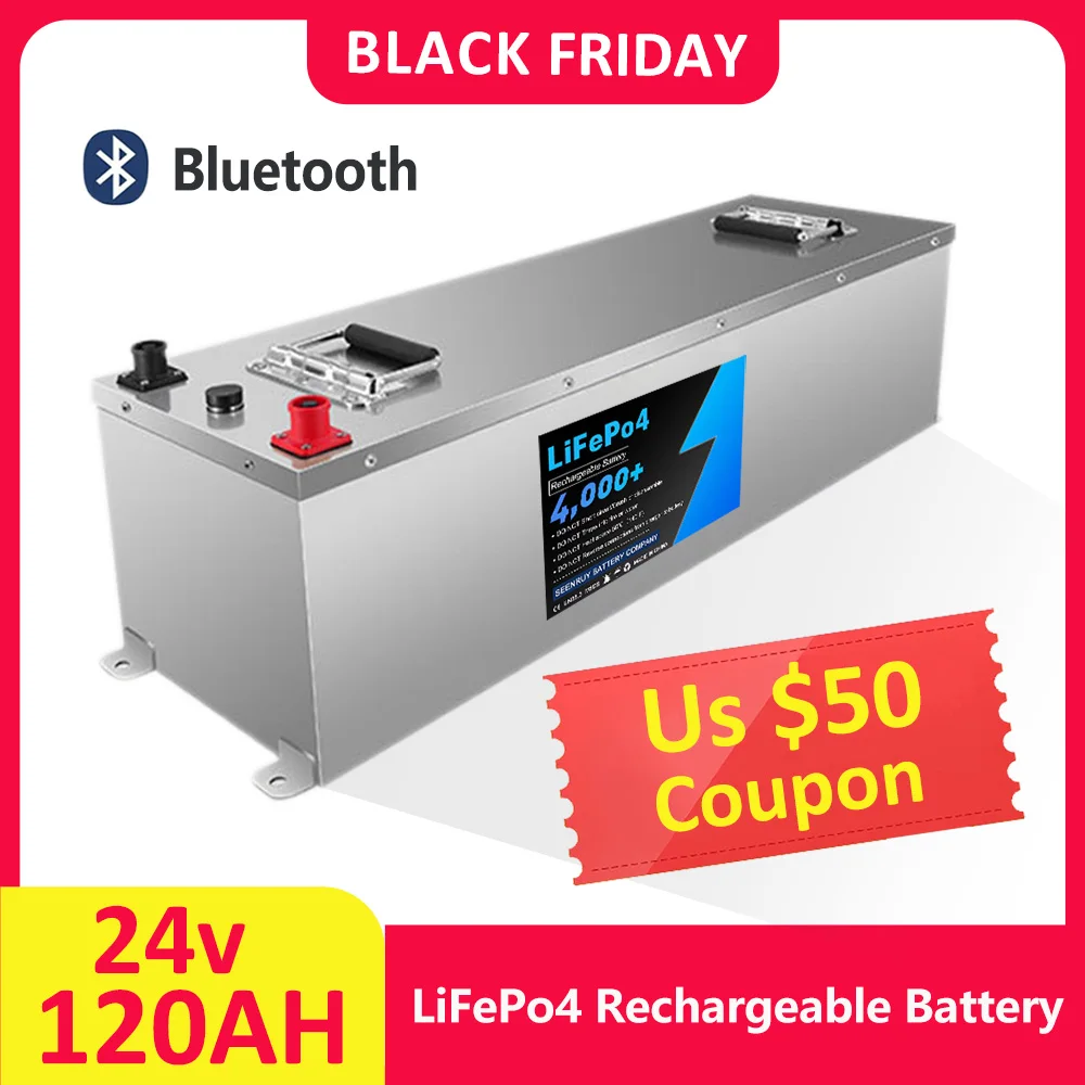 Coupon da $ 50! ! Batteria 24v 120AH LiFepo4 al litio ferro fosfato ciclo profondo opzionale Bluetooth BMS perfetto per yacht camper