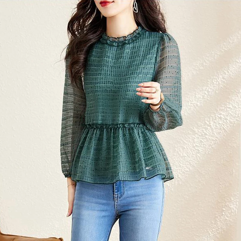 Simple Chic Green Ruffle Long Sleeve Elegant Fashion Top Blouse Women Spring Print Office Lady Casual Shirts Blusas Clothing2023