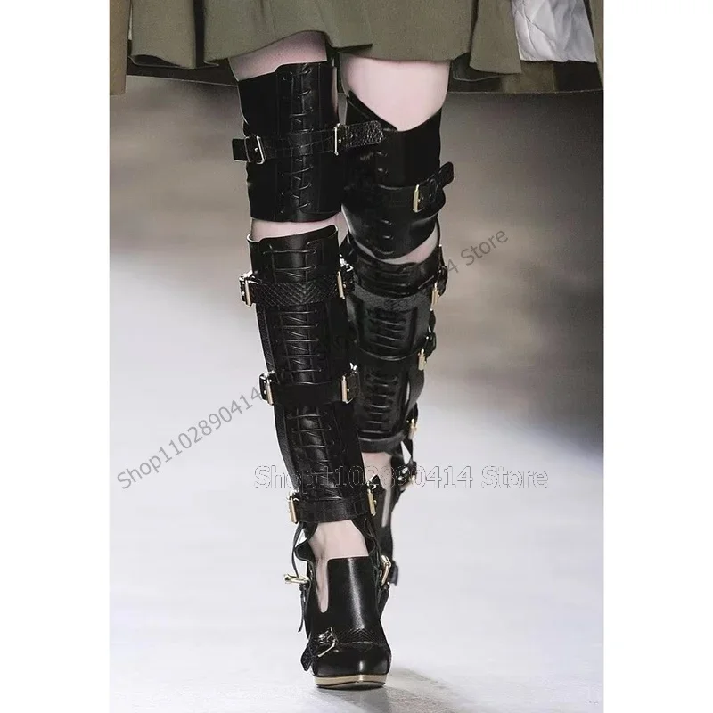 黒ベルト飾り付き中空デザインブーツ、バックジッパー、レディースシューズ、細ヒール、新作セクシー2023、女性用靴