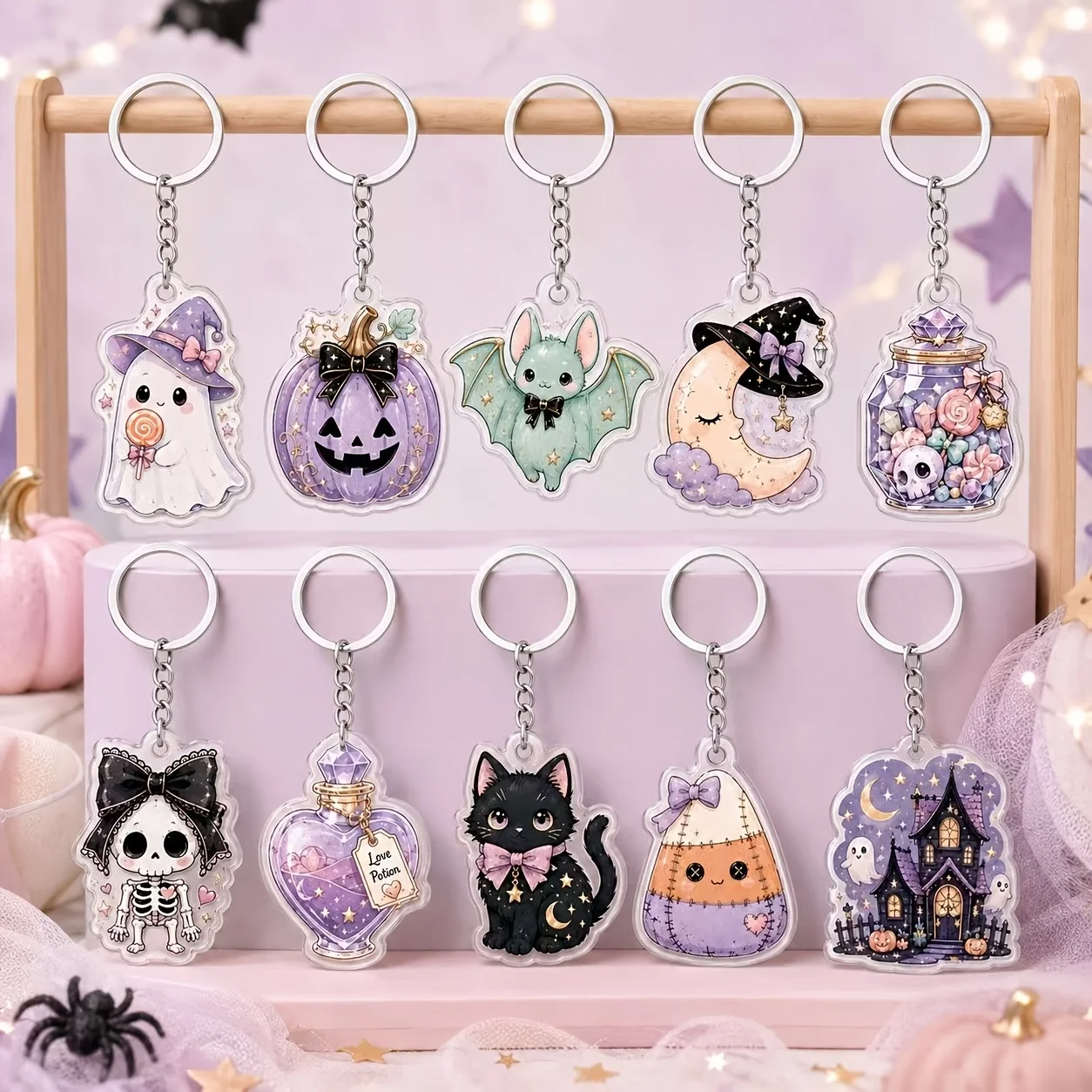 10 Pieces of Randomly Assorted Cute Pastel Halloween Acrylic Keychains, 2D Flat Keyrings Featuring Pumpkin, Bat, Moon, Black Cat, Skull, and Haunted House Designs, Purple Horror-Style Bag Charms, Backpack Pendants, Halloween Party Gifts for Women, 2D Flat Style