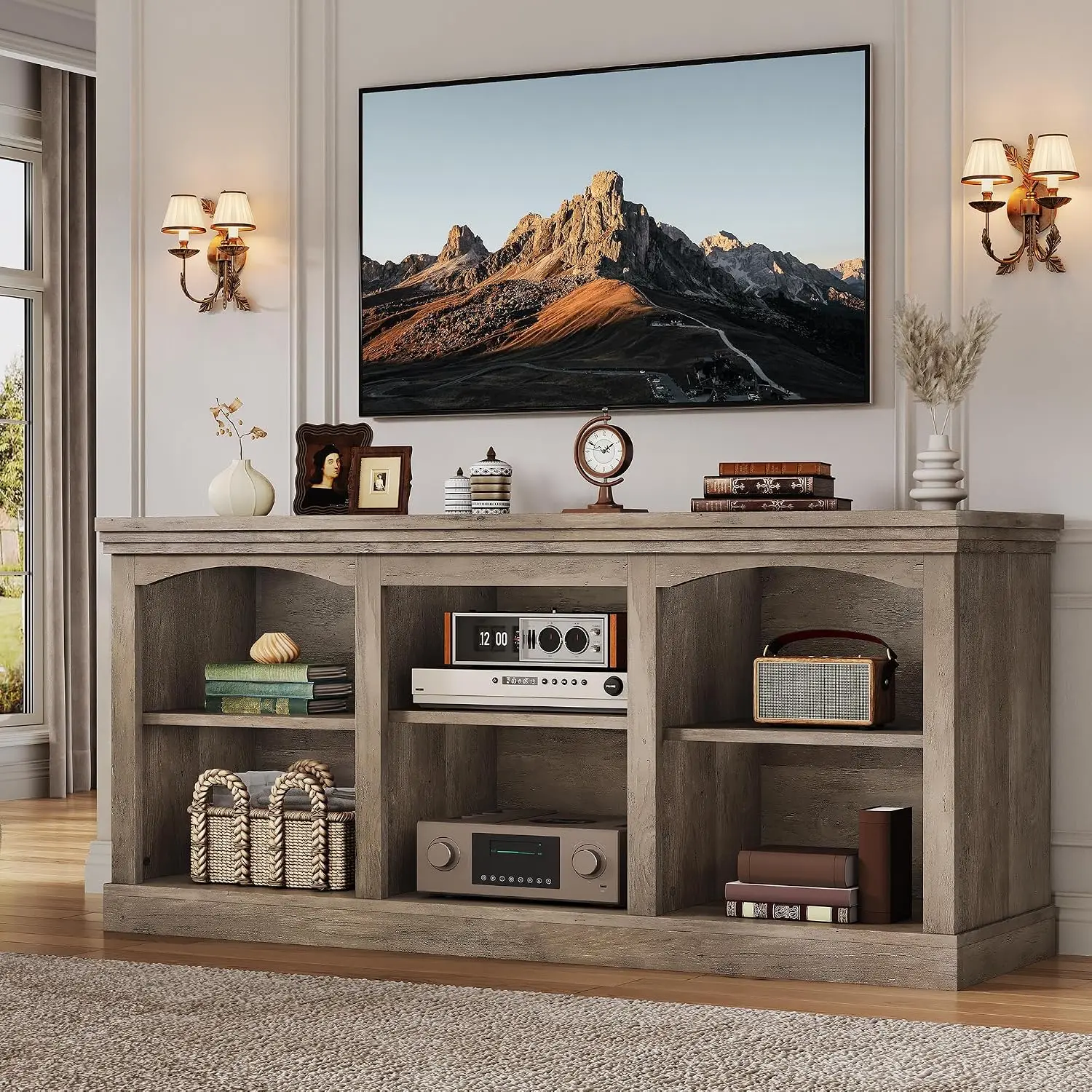 Farmhouse TV Stand with Adjustable Shelf, Living Room, Washed Grey | Entertainment Center with Adjustable Shelf, for 75-80 Inch