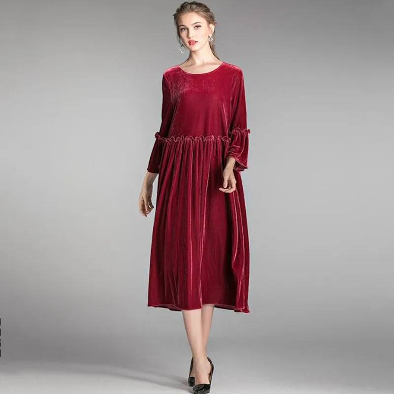 Robe en velours plissé à manches longues pour femmes, robe de soirée élégante, volants, printemps, automne, nouveau, 2024