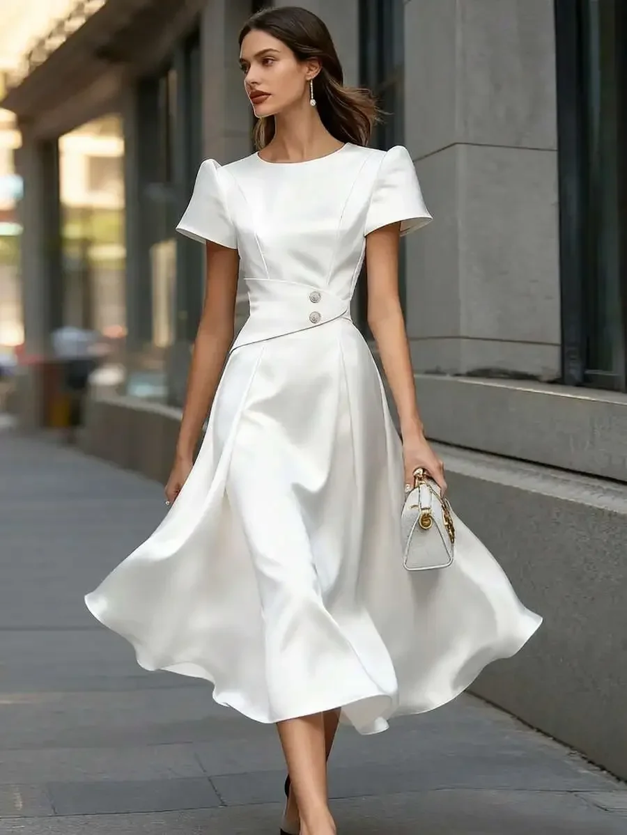 Women Solid Color Round Neck Short Puff Sleeve Elegant Waist Satin Dress