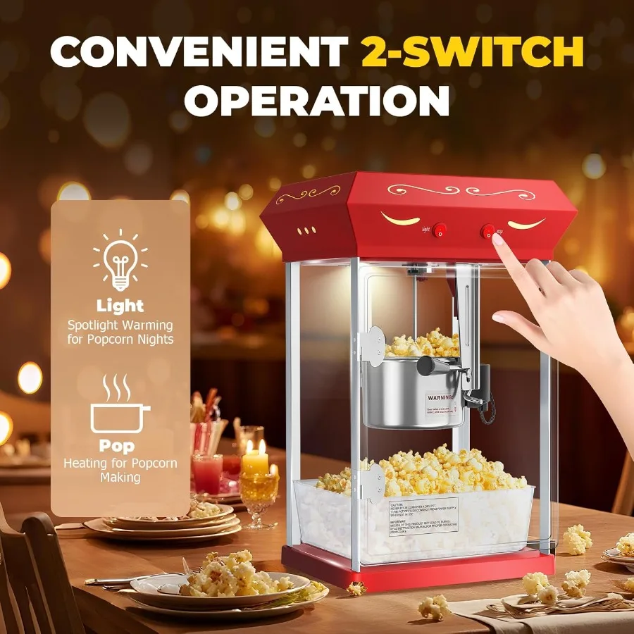 2025 ترقية 8 أوقية آلة صنع الفشار عربة آلة صنع الذرة البوب مع ماكياج ما يصل إلى 32 كوب مسرح السينما آلة الذرة البوب مع Sta