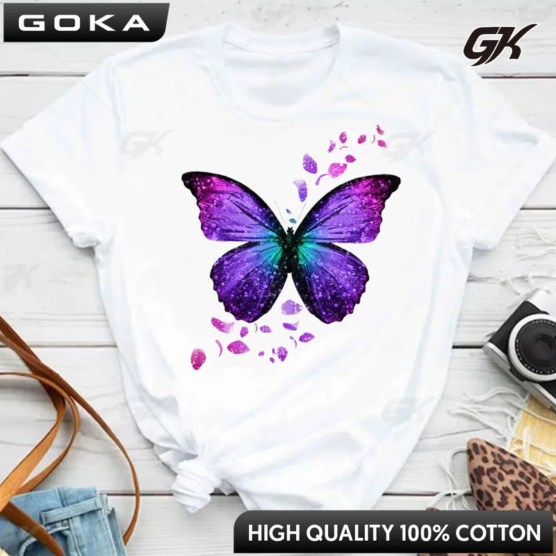 Maycaur New Colorful Butterfly Print Short Sleeve T Shirt Fashion Women Cartoon Graphic Tee Shirts Female Tops Clothing