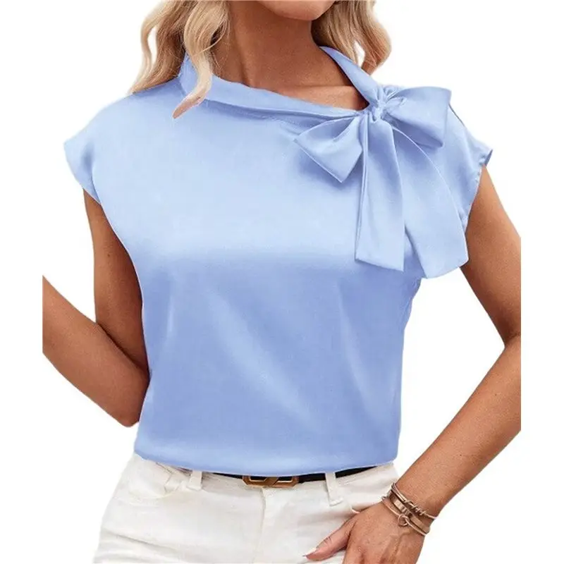 CYL-여성용 보타이 모크넥 캡 슬리브 새틴 블라우스 오피스 셔츠
