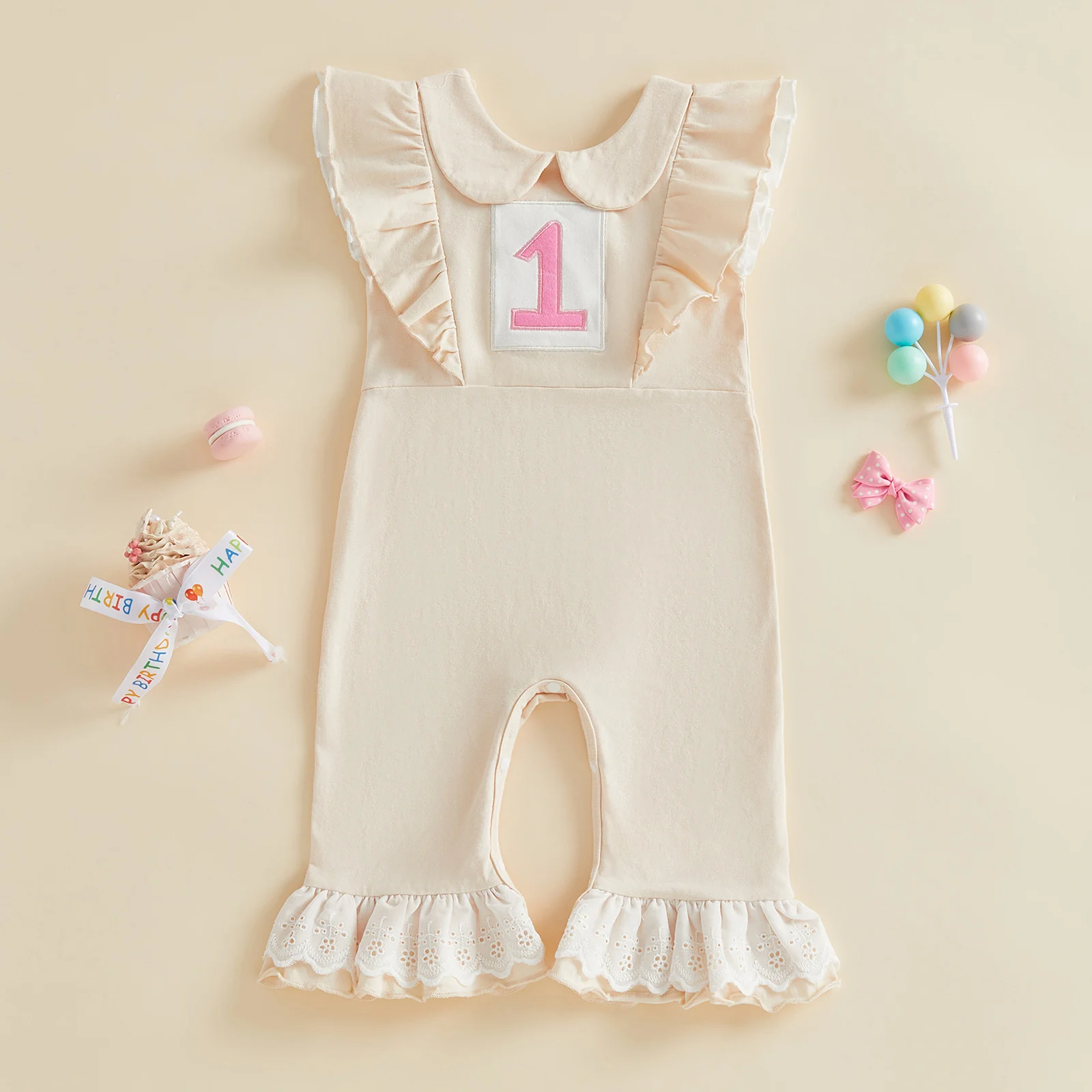 Tregren Infant Baby Girl My 1st Birthday Jumpsuit Bell Bottoms Number Embroidered Ruffled Trim Doll Collar Flying Sleeve Romper