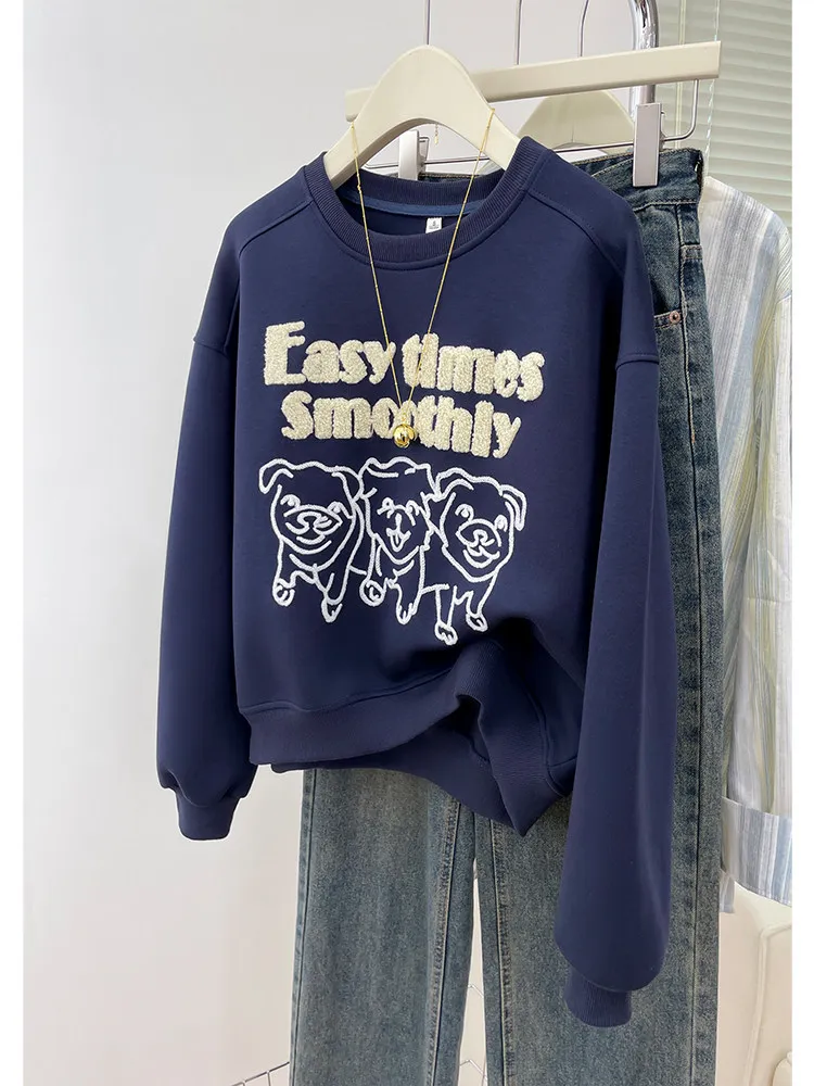 Long Sleeve Embroidered Flocking Letter Design T-Shirt Women's Loose Fit Short Sweatshirt Top Cartoon Dog Theme Autumn Wear