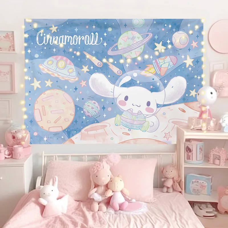 

Cinnamoroll Tapestry Background Cloth Dormitory Room Melody Kuromi Bedside Wall Cloth Birthday for Children Teens Bedroom Decor