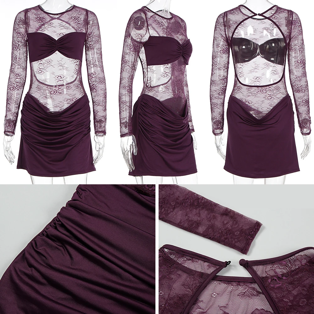 Zeyla Women's Burgundy Fall Dress Lace Long Sleeve Cutout Ruched Sexy Bodycon Fitted Trendy For Chic Female Party Wear