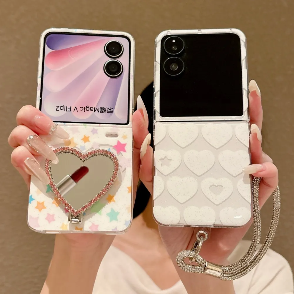 For Honor Magic V Flip 2 Colorful Glitter Star Case Heart Pattern PC Hard Shell Protective Mirror Holder Bracelet Back Cover