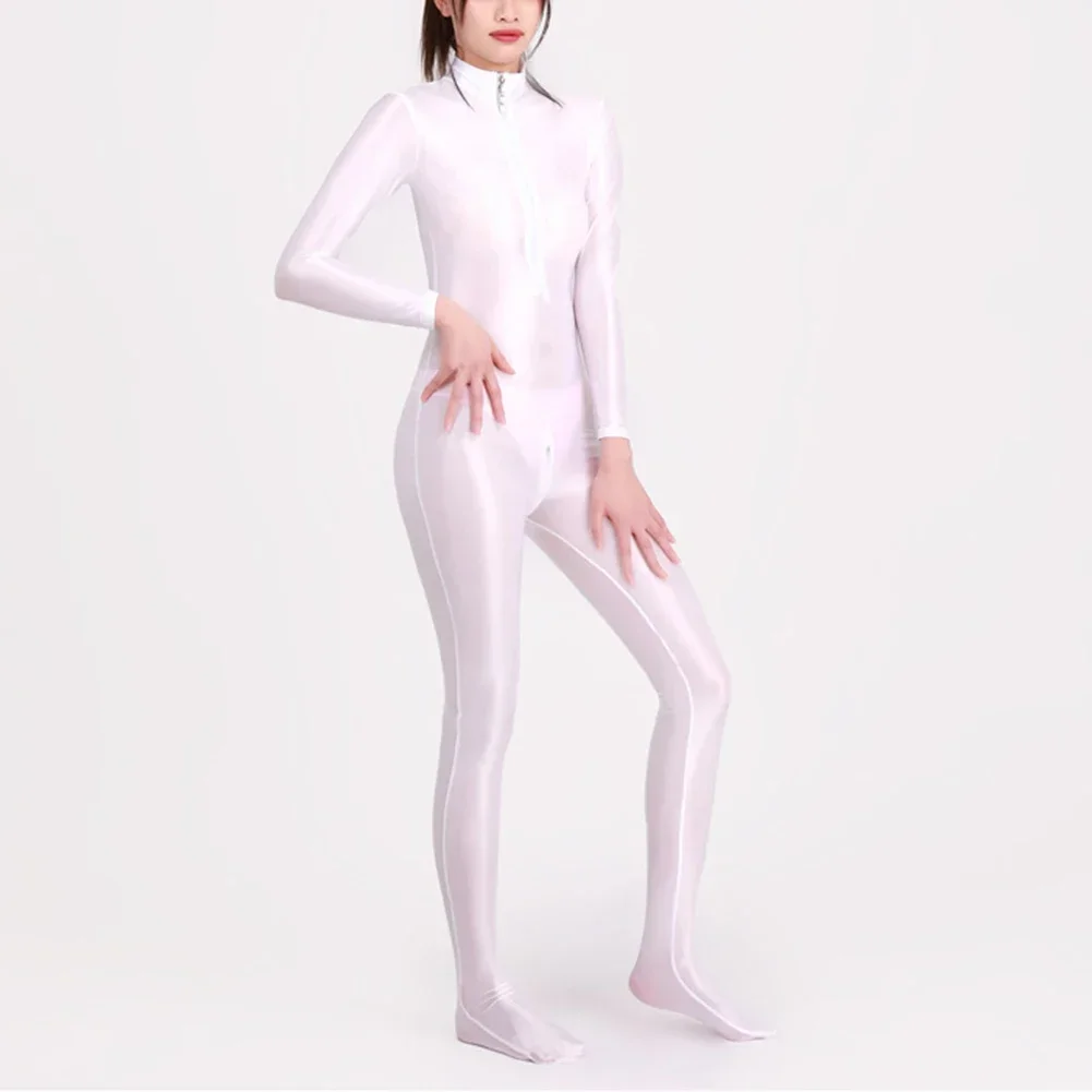 Women Oily Glossy Long Sleeve Elastic Bodysuit Full Body Tights Crotchless Bodycon Rompers Swimsuit New