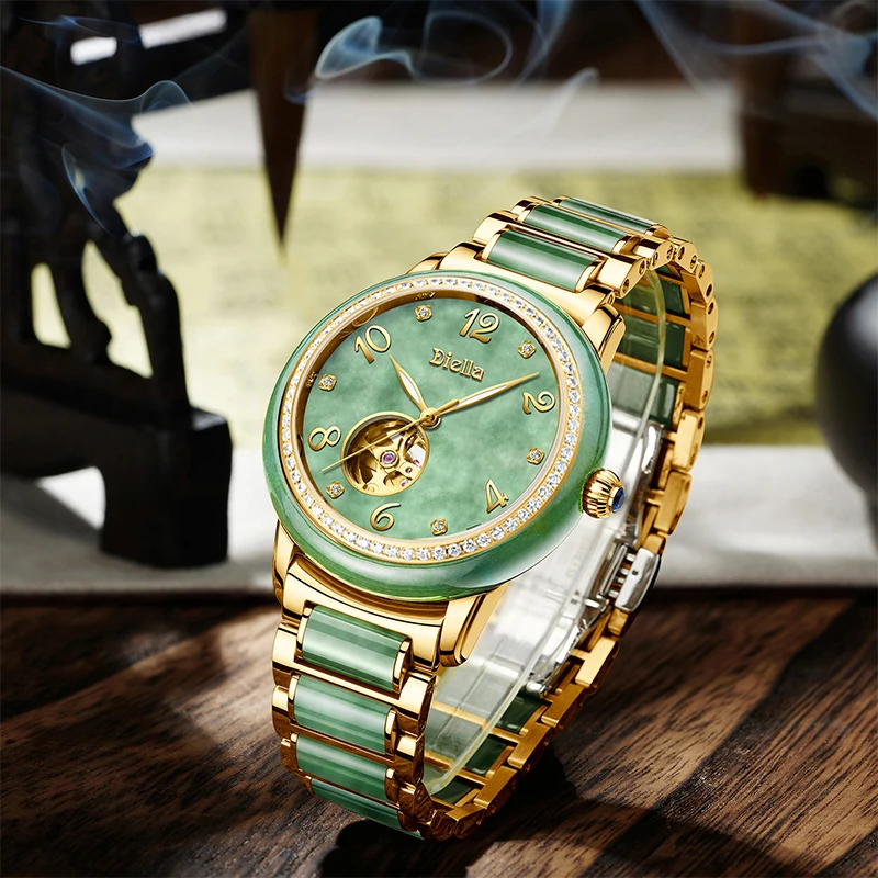 Men’s Jade Automatic Wristwatch Skeleton Dial 6 Diamond Hour Markers Synthetic Sapphire Glass Luminous Hands 5ATM Waterproof