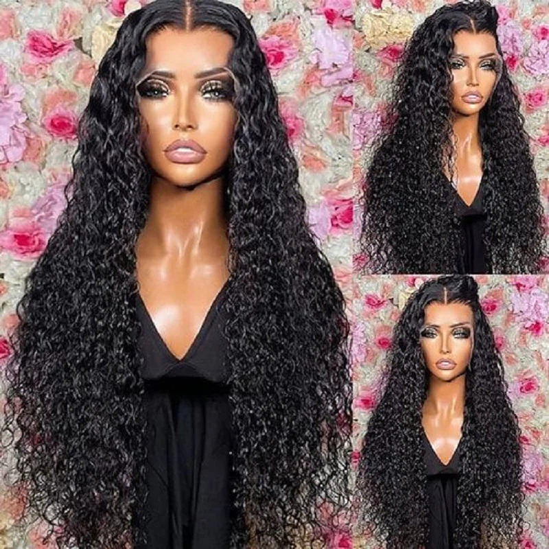 PrePlucked Long Soft Deep Glueless 180 Density Black 26 inch Kinky Curly Lace Front Wigs For African Women Babyhair Daily