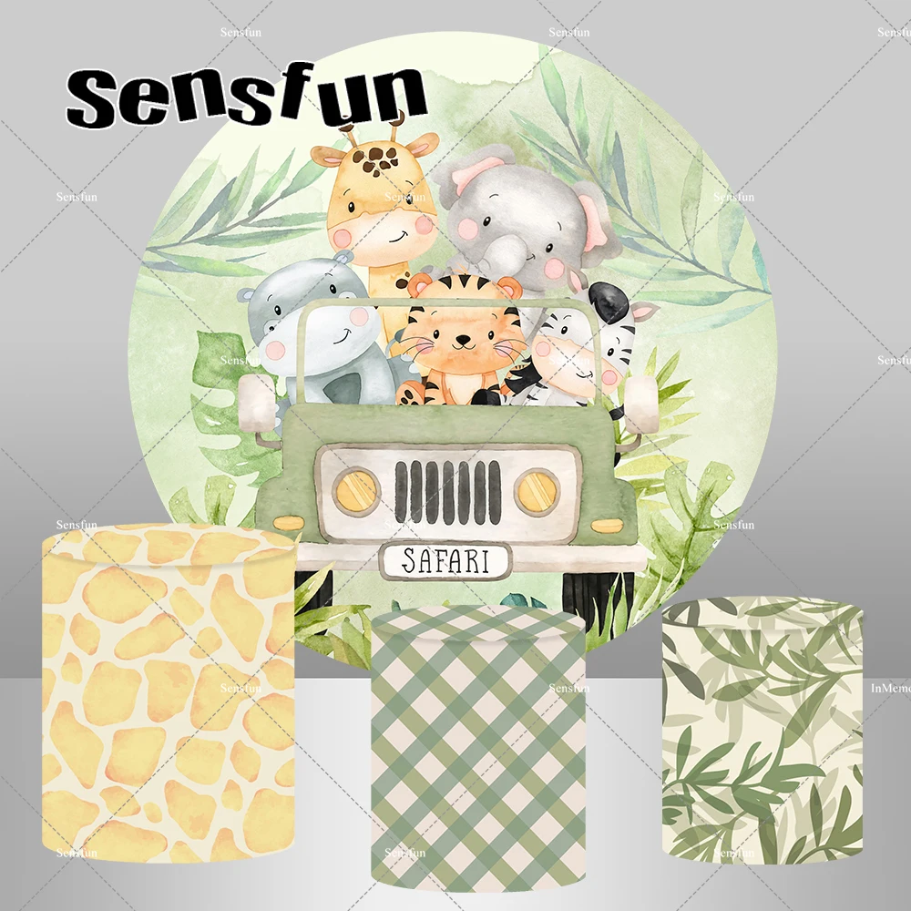 Cartoon Driving Car Animals Kids Safari Jungle Party Backgrounds Elephant Tiger Zebra Giraffe Backgrounds Cylinder Covers