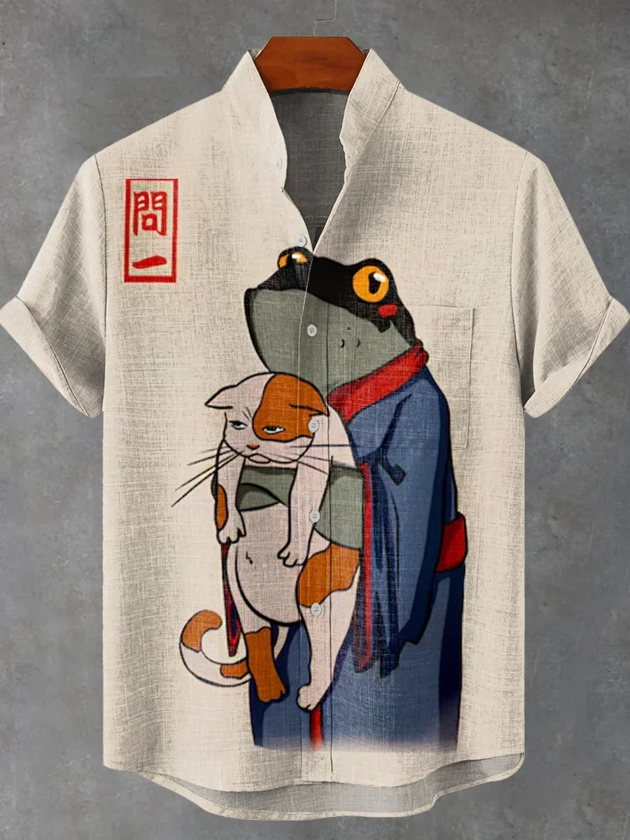 

2025 Summer Japanese Frog Retro Art 3D Printed Casual Fashion 100% Linen Men's Stand up Collar Short Sleeve Shirt