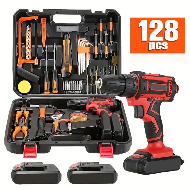 

128Pcs with 2 Battery Electric Drill Set, 36VF Cordless Power Drill Set, Household Tools Set, Cordless Impact Wrench, Hand Tool
