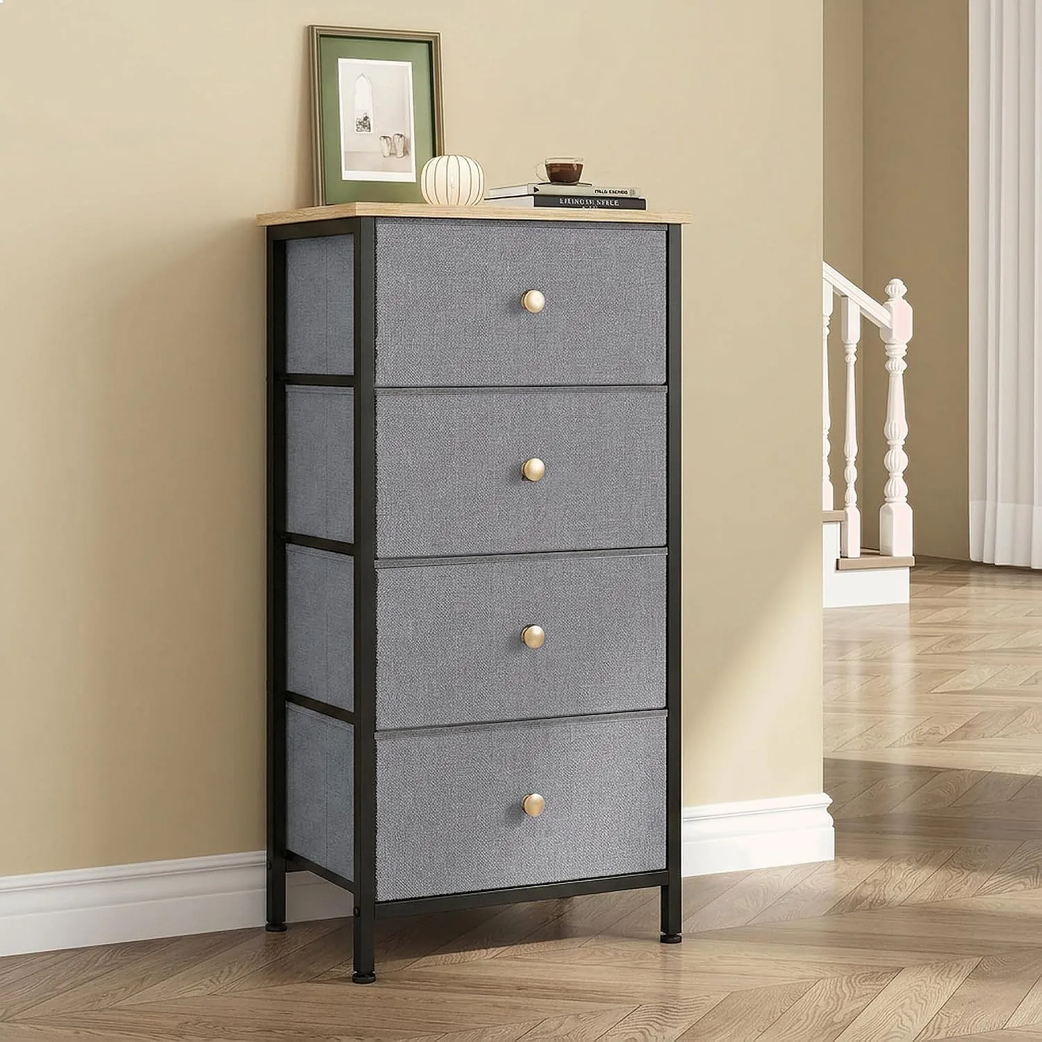 Dusty Blue Nightstand with 4 Fabric Drawers & Sturdy Steel Frame for Bedroom
