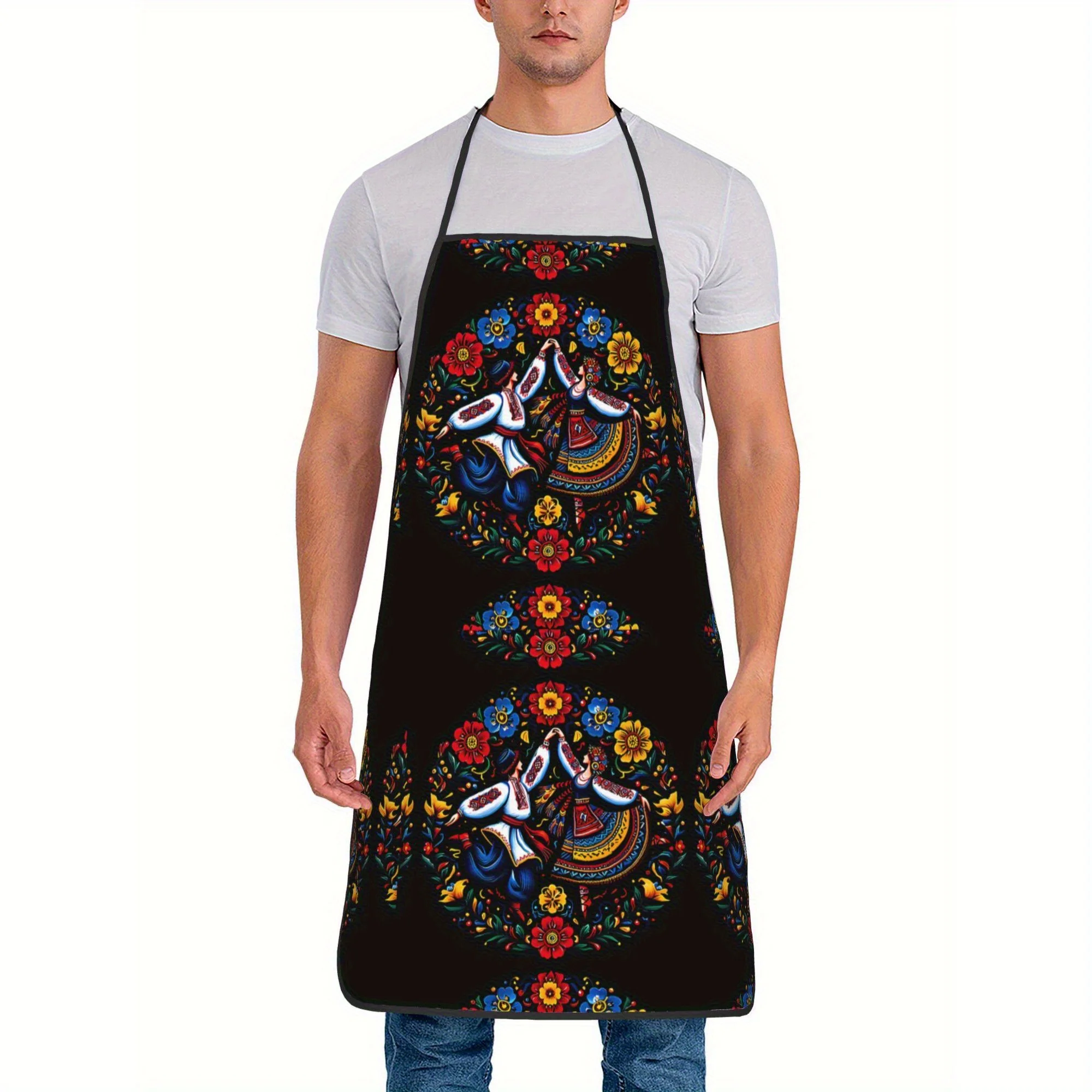 2pcs Vibrant Ukrainian Dance-Inspired Adult Aprons - Sleeveless, Colorful Floral Pattern, Polyester, Hand Washable - Ideal for H