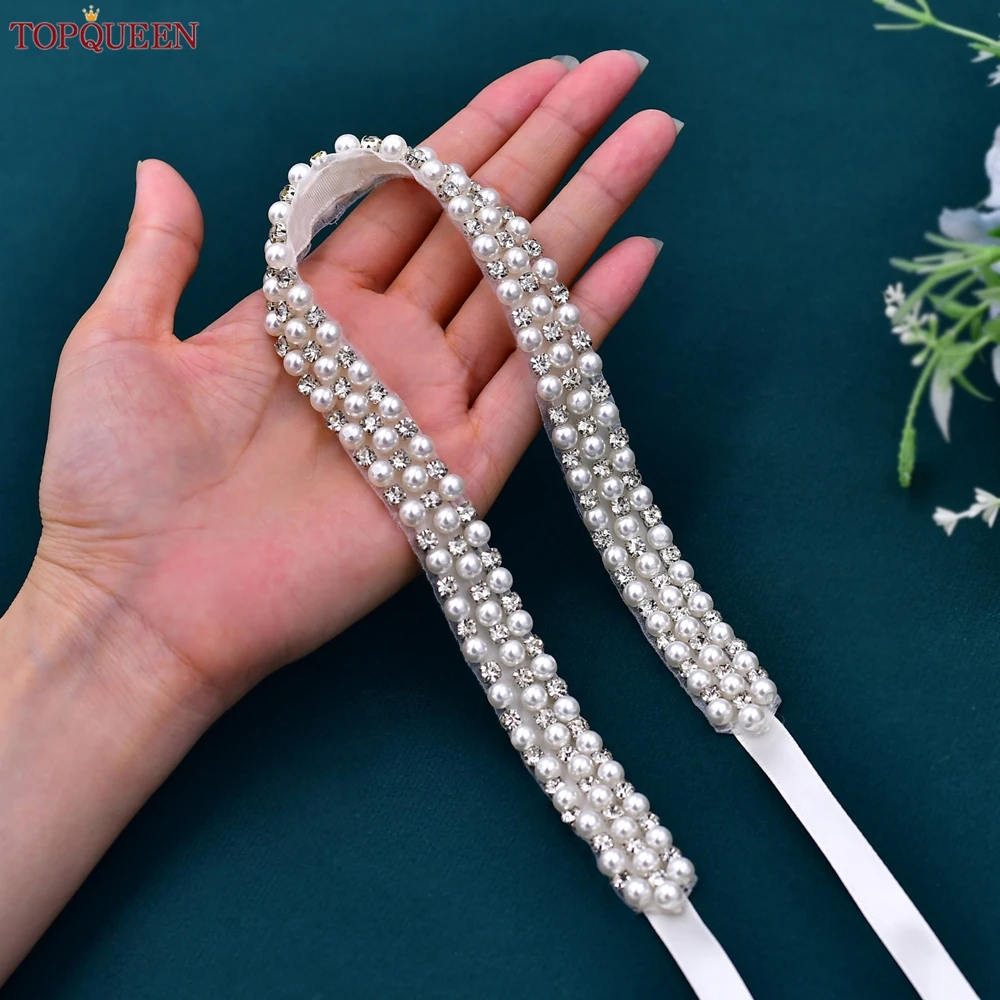 

TOPQUEEN Pearls Belts for Bride Woman Dress Sash Accessories Handmade Evening Gown Thin Belt Wedding Bridal Belt S134