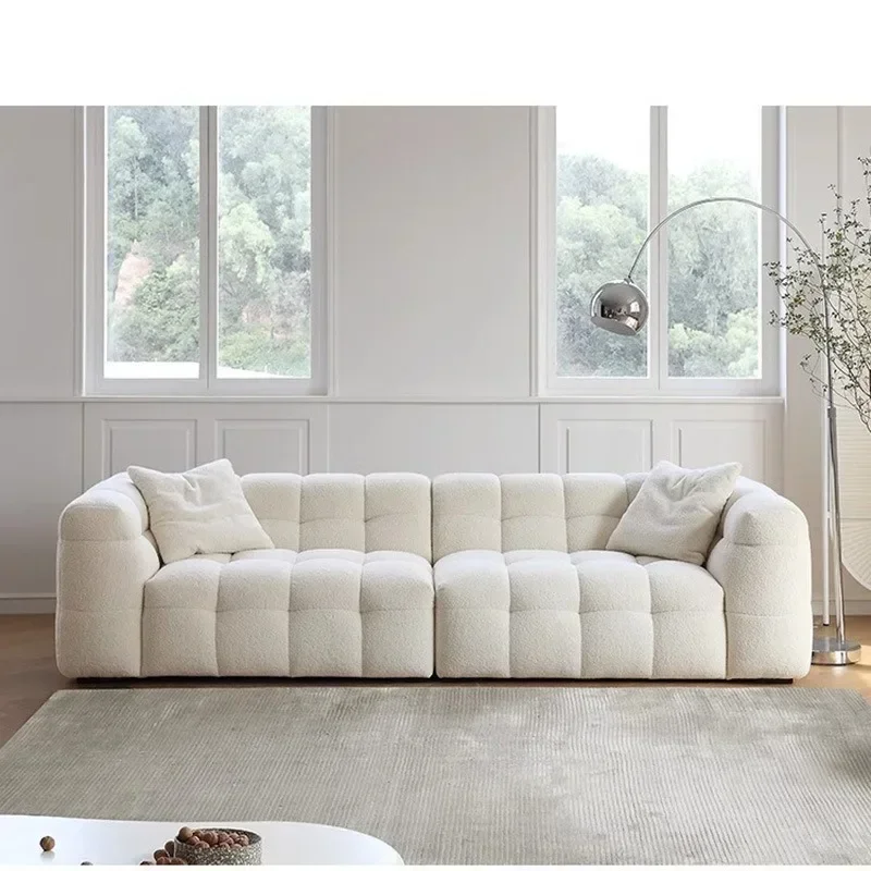 French cream style sofa small apartment living room new straight row marshmallow sofa modern cloud lamb wool fabric