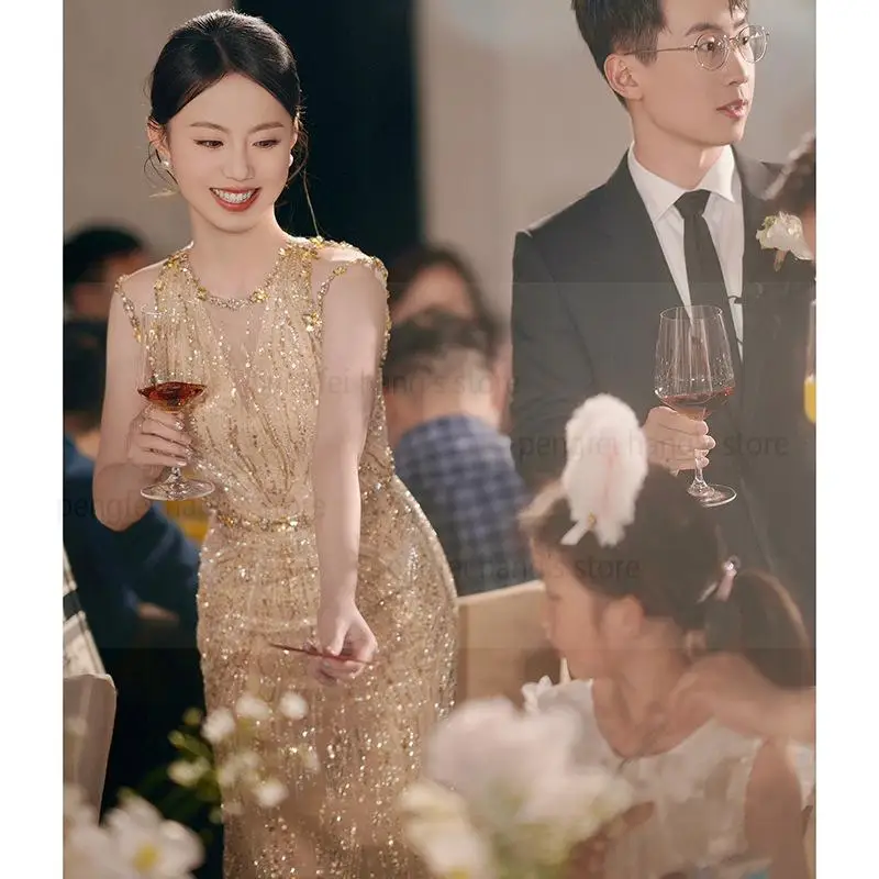Gold Bride Wedding Banquet Gown Luxury Sequins Mermaid Vestidos Long Robe De Soiree Lady Sleeveless Cheongsam Maxi Dress