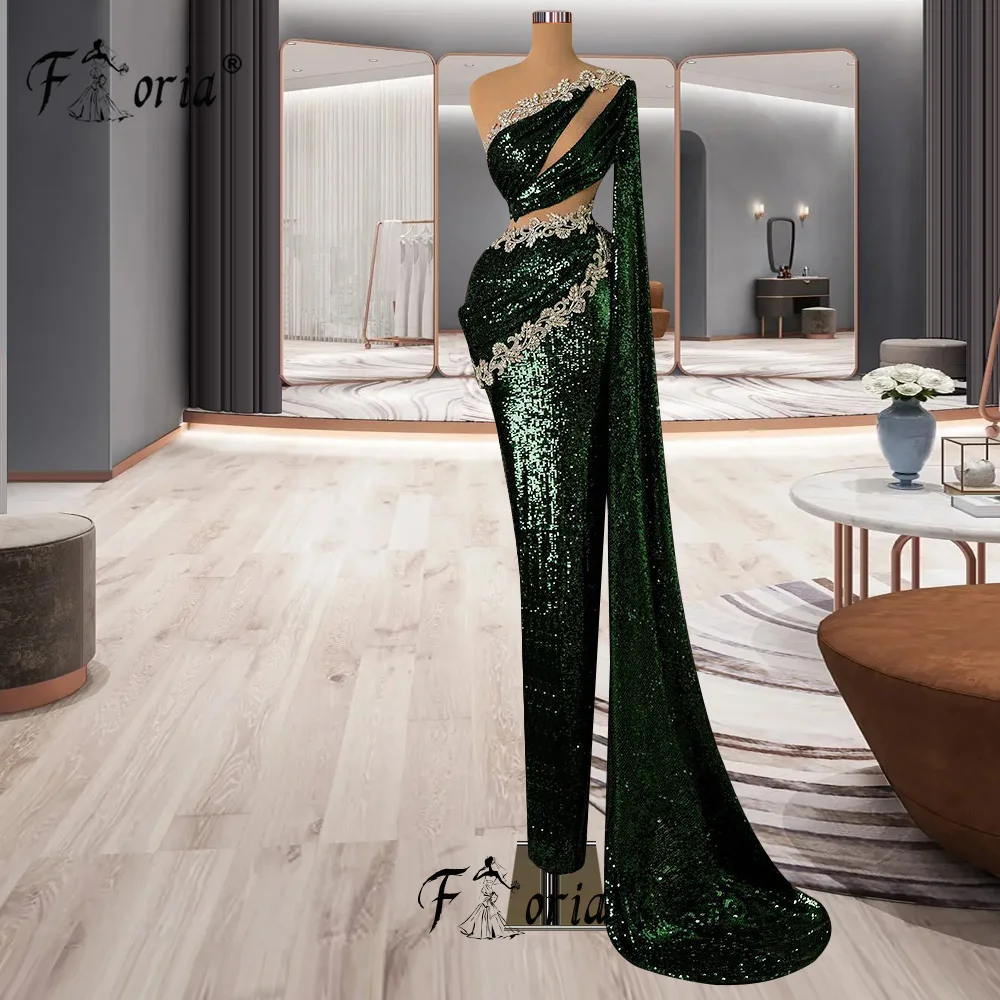 Glitter Dark Green Long Formal Evening Dress Crystal Cut-out Design Single Long Shawl High Event Gowns Plus Size Party Dresses