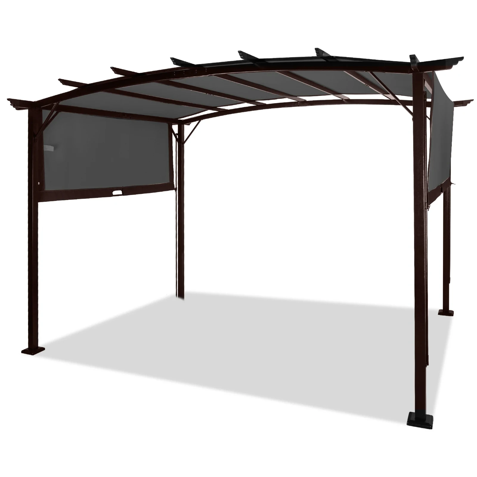 Dark brown column, dark gray adjustable polyester sunshade cloth, curved top, iron pavilion9*12ft