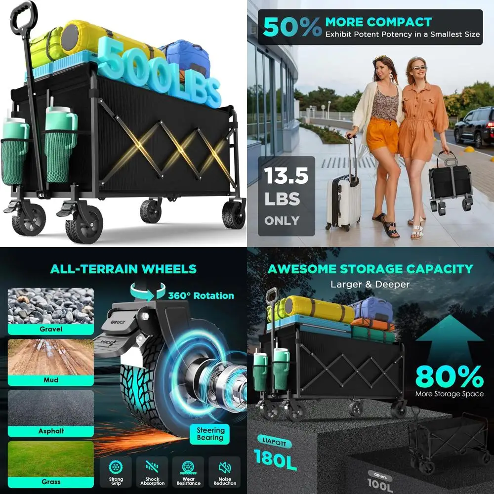 

Foldable Utility Wagon with 500lbs Capacity, All-Terrain Wheels, and Drink Holders