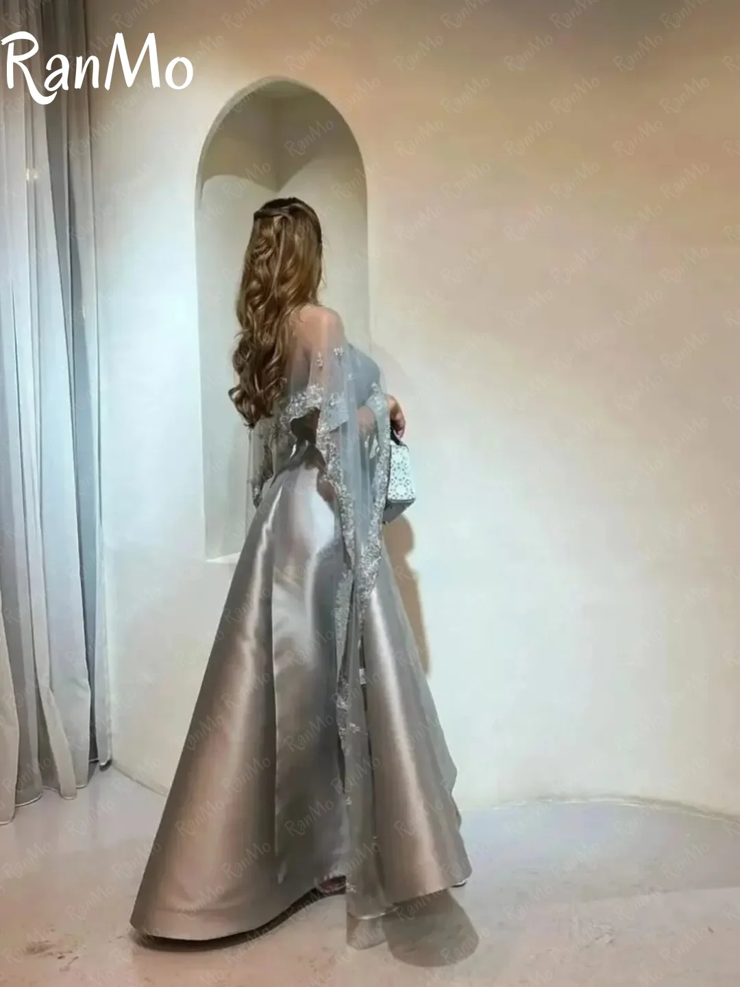 Ranmo New Customized Elegant Grey Shawl Strapless Satin Evening Dress A-line Ankle-Length Special Occasions فساتين سه