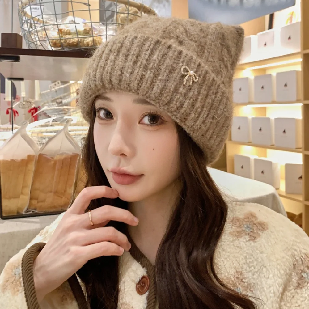 

Retro Solid Color Cat Ears Pullover Hat Warm Bow Woolen Knitted Hat Y2k Ear Protection Women Beanie Hat Autumn Winter