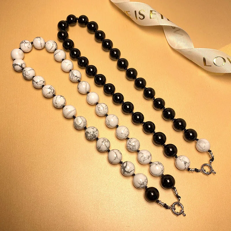 S925 Silver Natural Black Agate Beaded White Turquoise Sweater Chain Men's Female Necklace Contrast Color Personality F