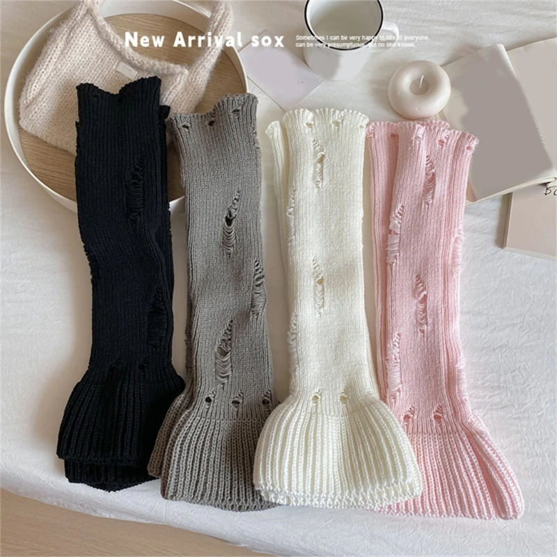 Ribbed Knitted Wide Leg Covers Sleeve Women Girls Punk Distressed Ripped Hole Leg Warmers Flared Long Socks Streetwear