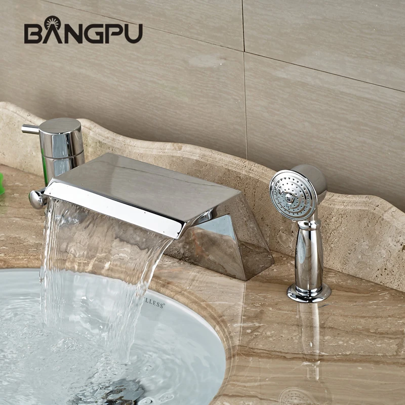 

Bath Tub Faucet Set with Sprayer Deck Mount Waterfall Tub Faucet with Handheld Shower 3 Hole Roman Bathtub Faucet Combo Set
