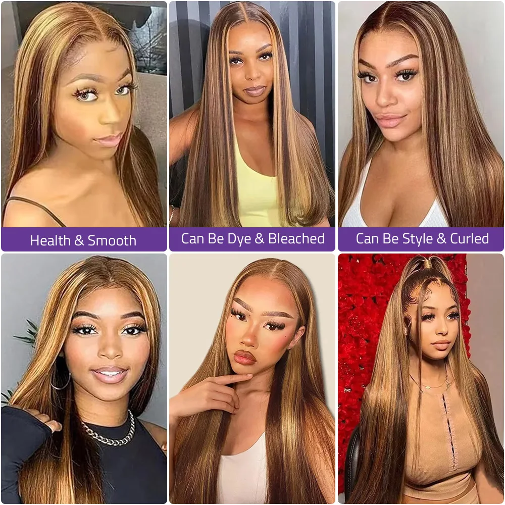 13x4 Evidenziare Osso Dritto Anteriore Del Merletto Parrucca Dei Capelli Umani Brasiliano 13x6 Hd Marrone 4/27 Parrucche Frontali Del Merletto Colorate Per Le Donne 40 pollici