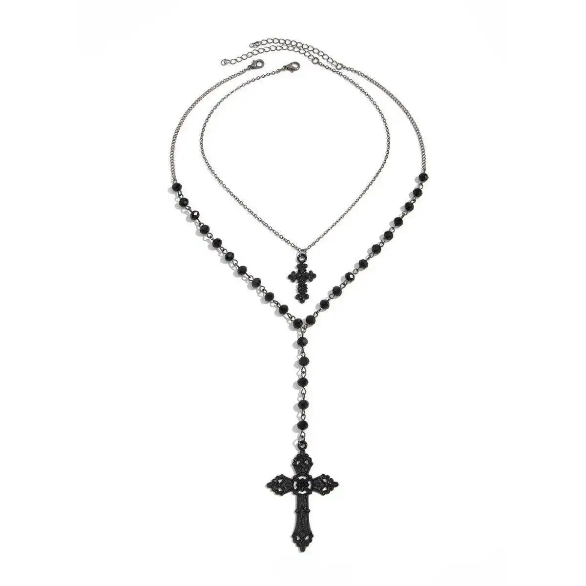 IngeSight.Z القوطي الشرير Y2K Doublelayer المعادن الصليب قلادة قلادة المرأة خمر الأسود كريستال مطرز المختنق حلية مجوهرات هدية