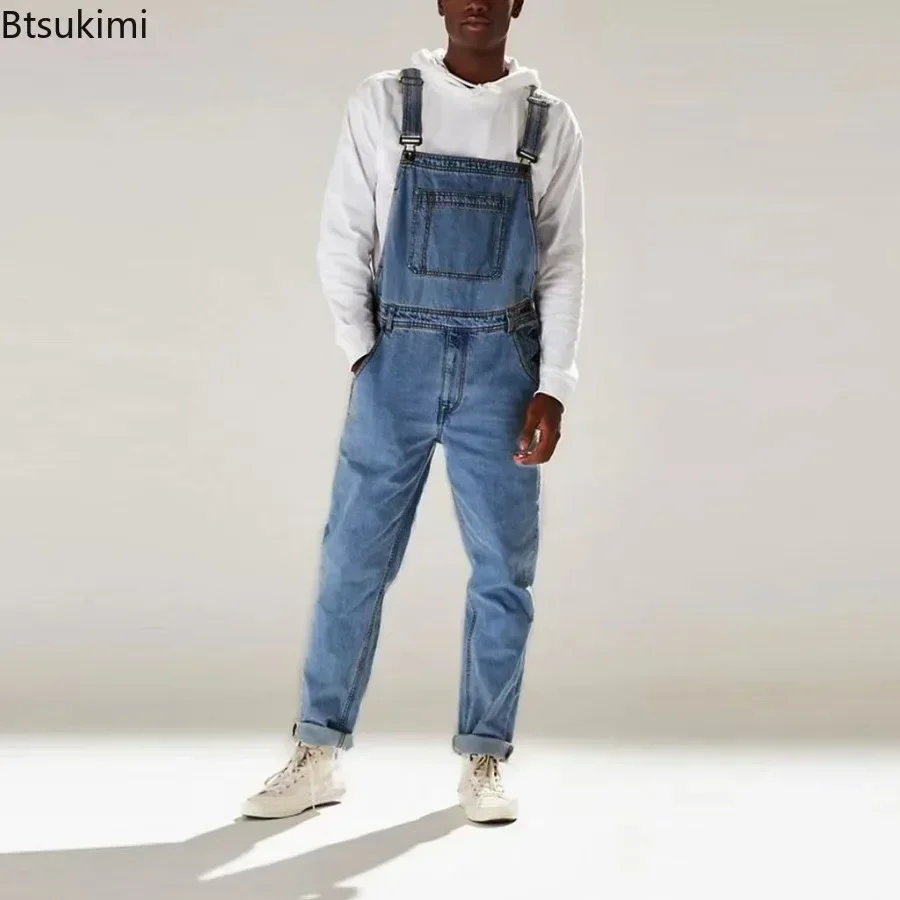 2025 Men's Denim Jeans Jumpsuit Streetwear Spring Autumn Trendy Strap Pants High Waist Men's One-piece Jeans Trousers Overalls