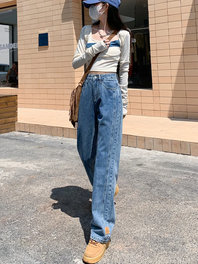 

Джинсы женские с высокой талией, широкими штанинами, прямого кроя, осенние, новые, свободные, стройнящие, с дизайнерским акцентом, повседневные, модные, темно-синие, деним