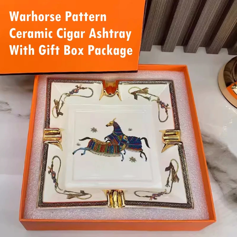 Luxury Ceramic Cigar Ashtray With Gift Box Package Warhorse Pattern Ash Holder Cigarette Holders 2/4 Grooves Available