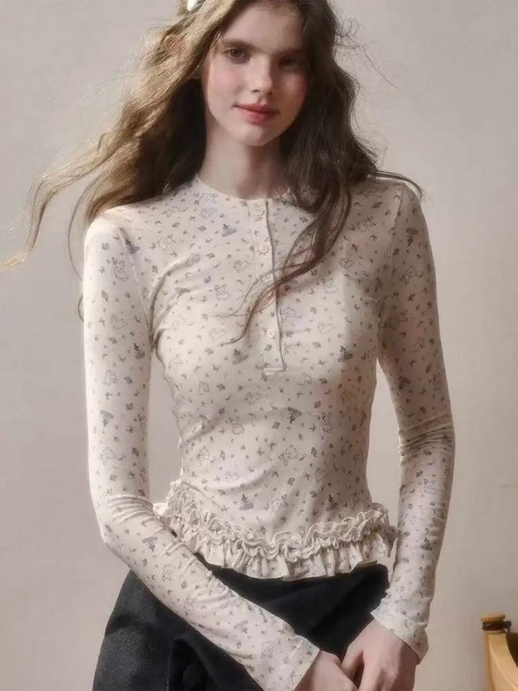 

2026 Korean Style Rabbit Print Lace Long Sleeve T-shirt New Women Spring Autumn Slim-fit Blouse Tops Sweet Cute White Base Shir