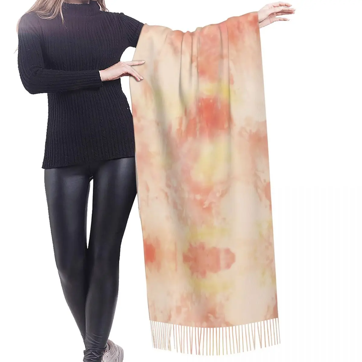 Custom Ladies Long Yellow Orange Tie Dye Scarves Women Winter Soft Warm Tassel Shawl Wraps Traditional Dyeing Art Scarf