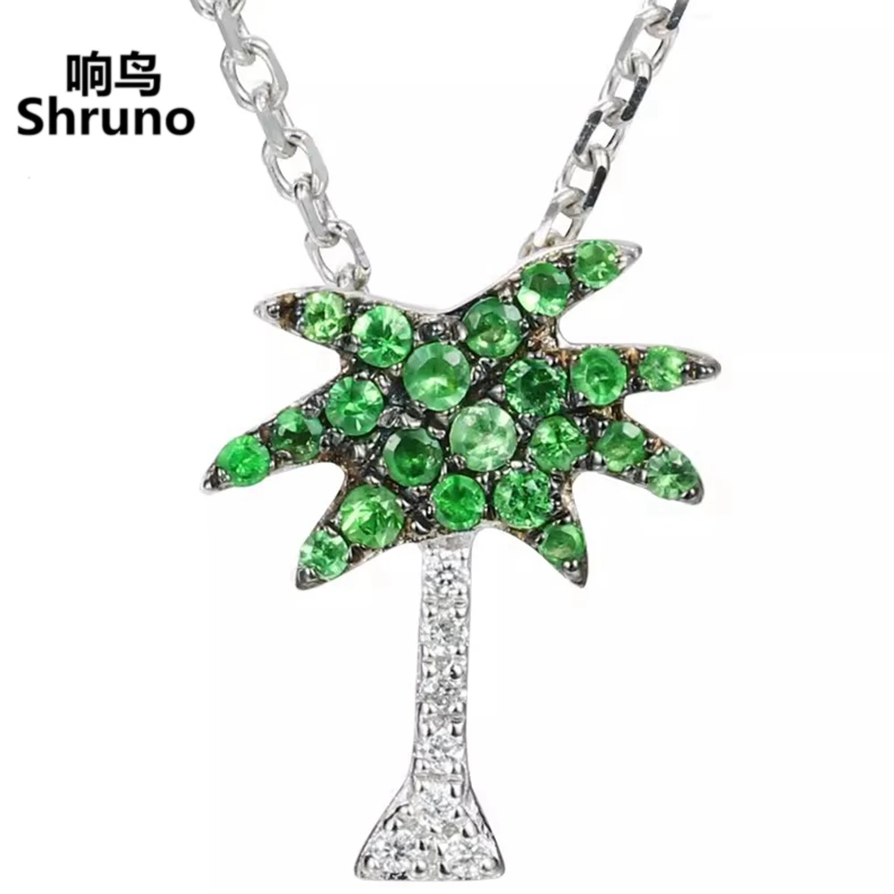 

Shruno Real 14k White Gold Coconut Tree Shape Genuine Tsavorite Diamonds Necklace Diamond Pendant Chain Exquisite Trendy Jewelry